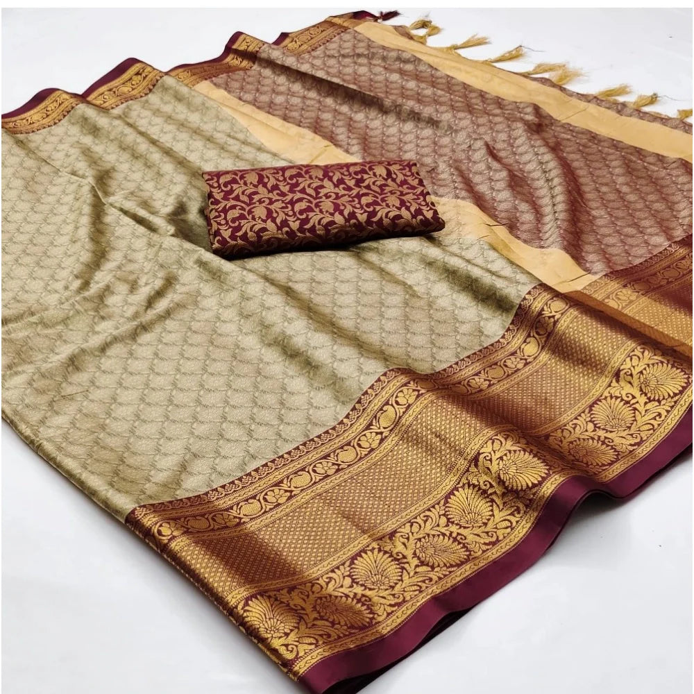 Women's Cotton Silk Floral Print Saree With Unstitched Blouse 5.5Mtr (Maroon)