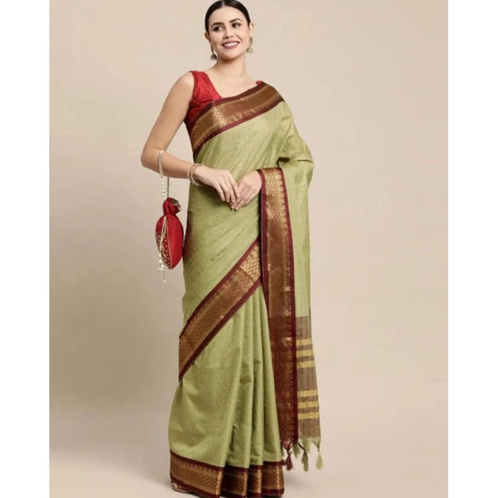 Women's Cotton Silk Checkered Saree With Unstitched Blouse 5.5Mtr (olive)