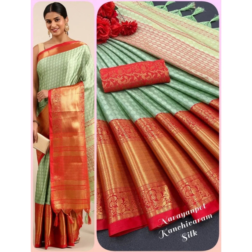 Women's Cotton Silk Woven Design Saree With Unstitched Blouse 5.5Mtr (Light Green)
