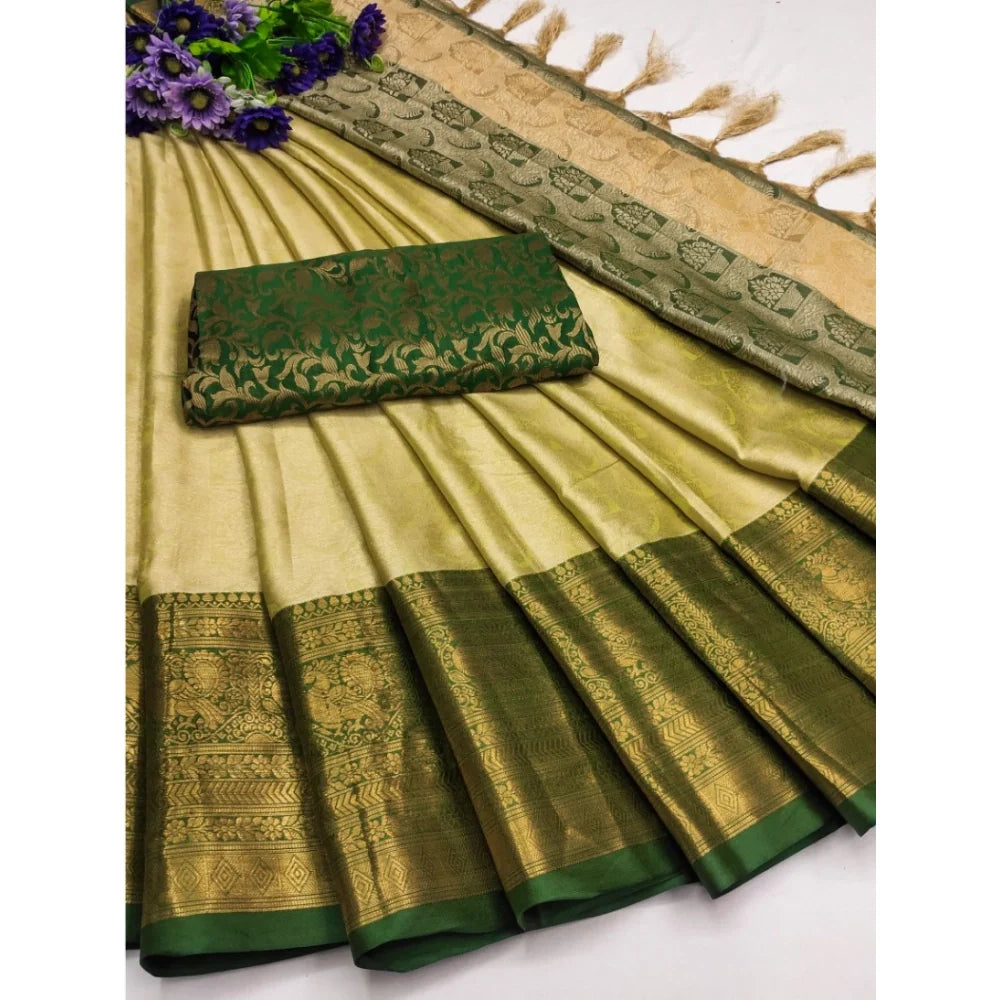 Women's Cotton Silk Printed Saree With Unstitched Blouse 5.5Mtr (Cream)