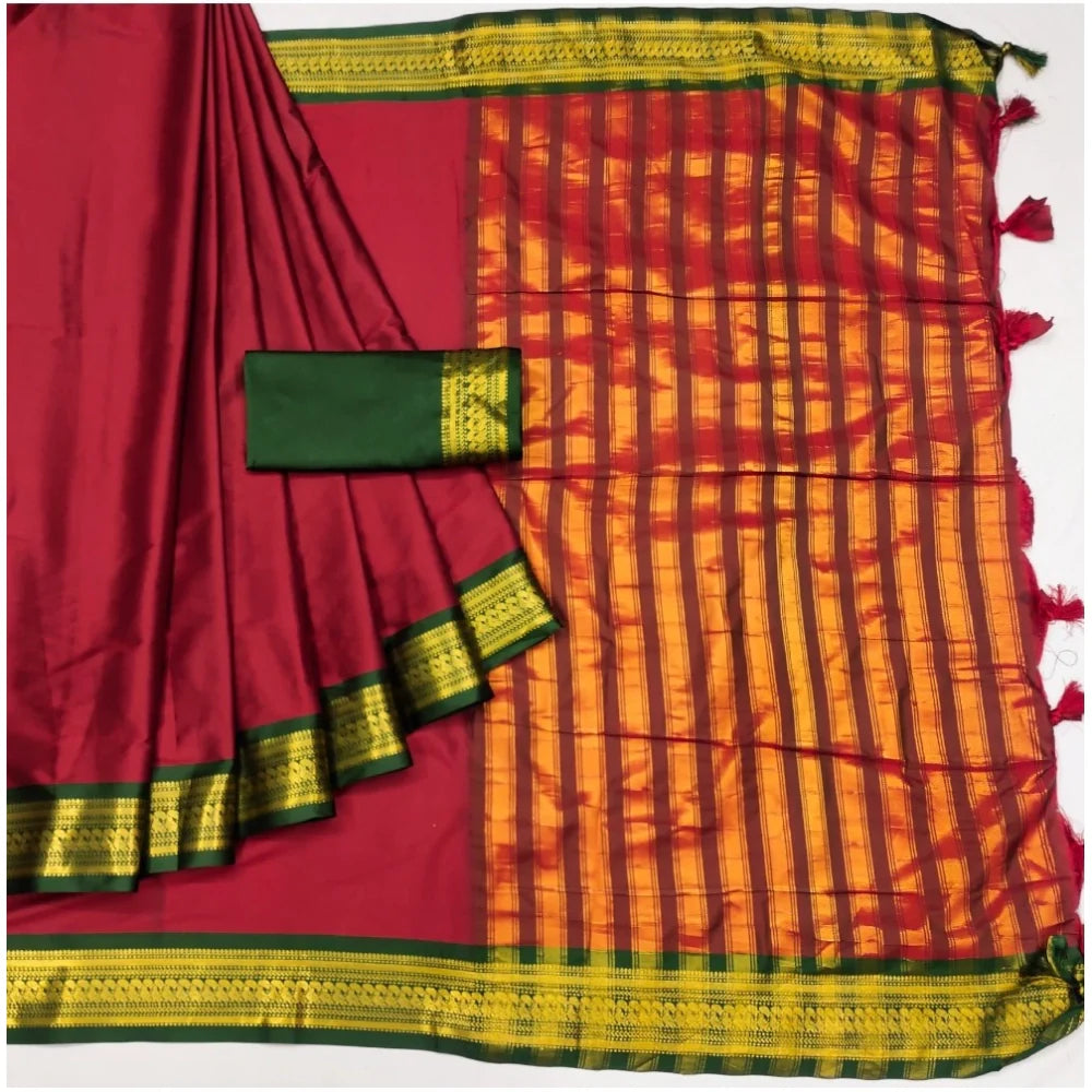 Women's Cotton Silk Solid Saree With Unstitched Blouse 5.5Mtr (Red)