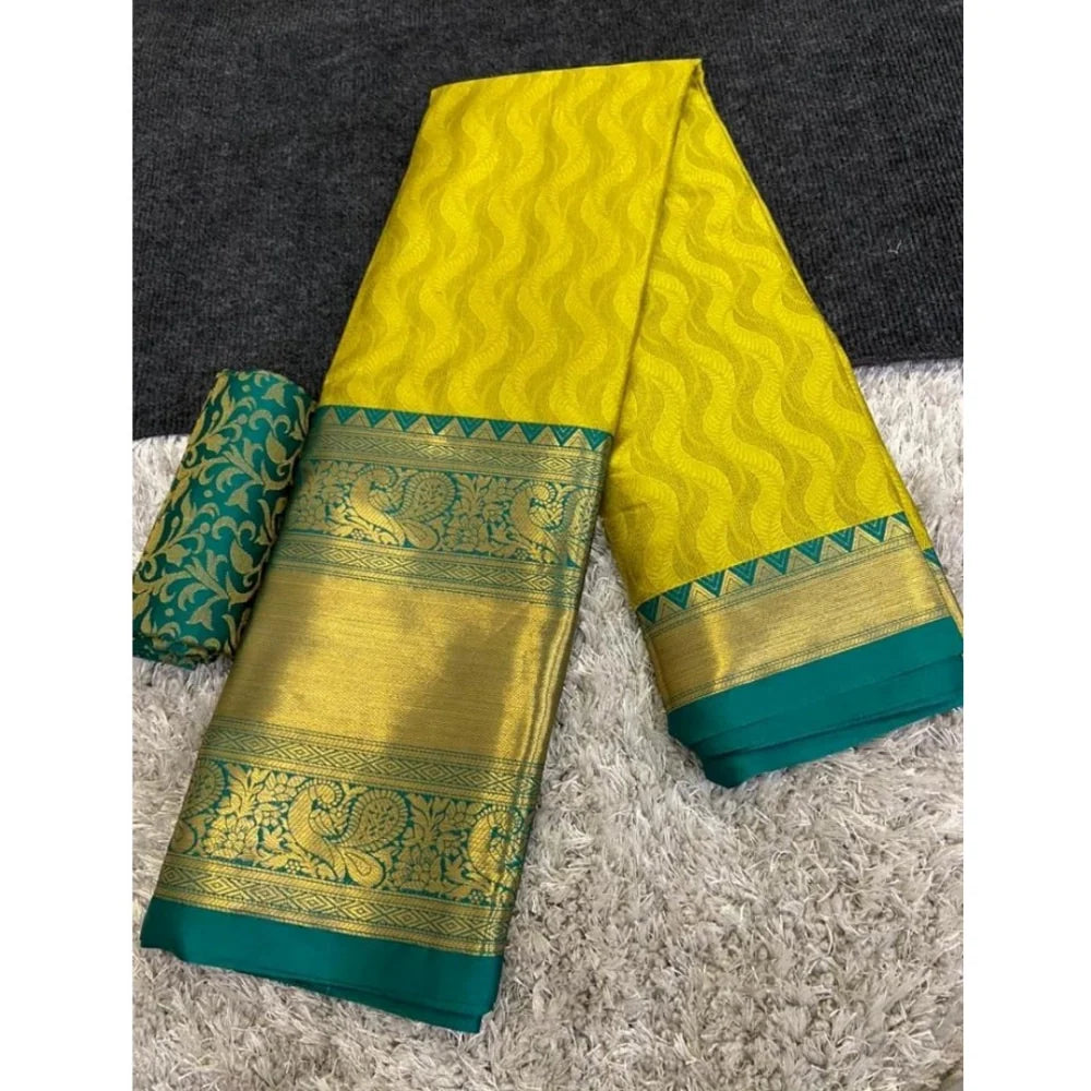 Women's Cotton Silk Printed Saree With Unstitched Blouse 5.5Mtr (Green-Yellow)