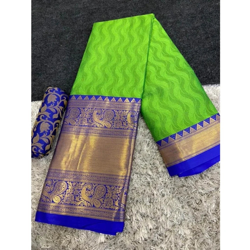 Women's Cotton Silk Printed Saree With Unstitched Blouse 5.5Mtr (D Green)