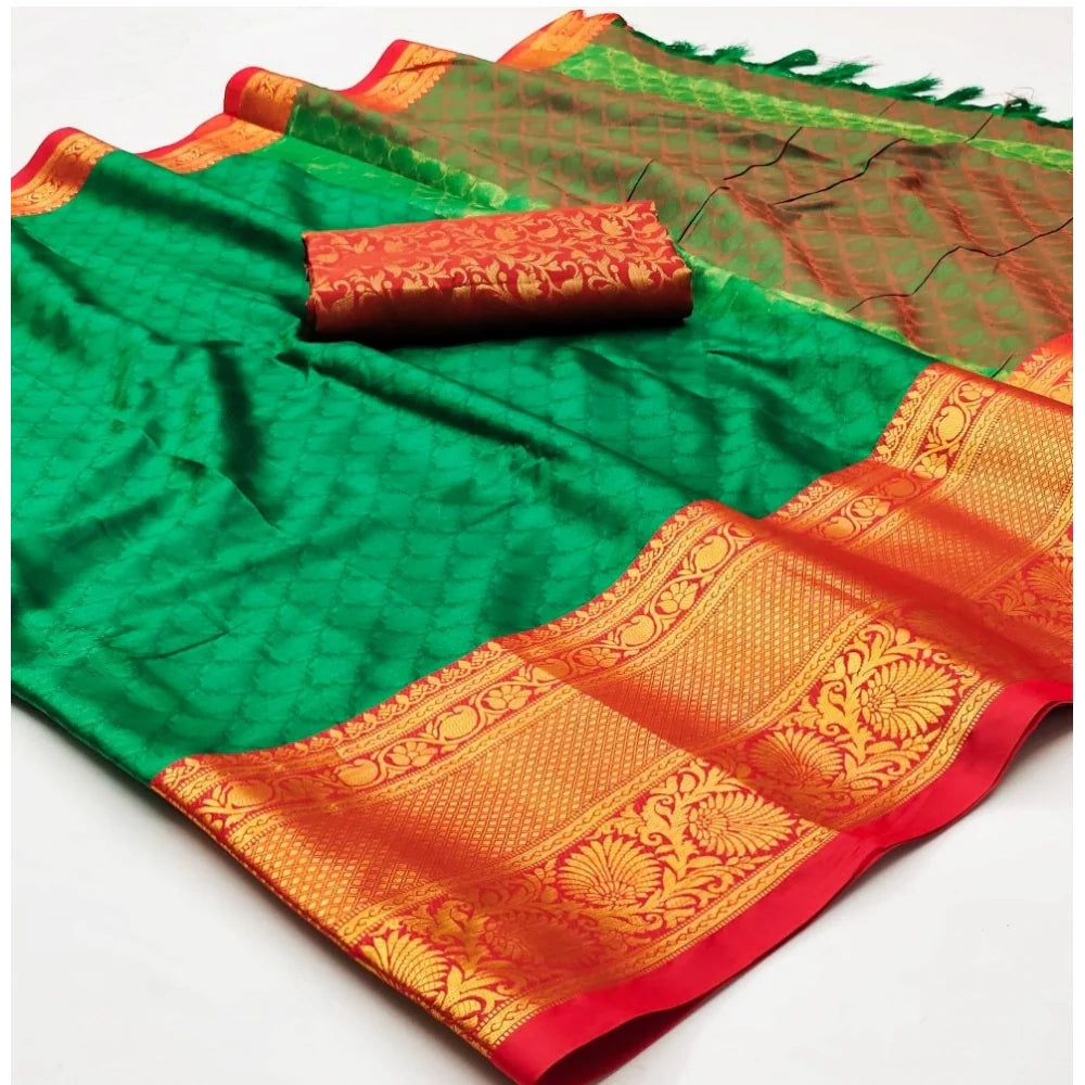 Women's Cotton Silk Floral Print Saree With Unstitched Blouse 5.5Mtr (Green)