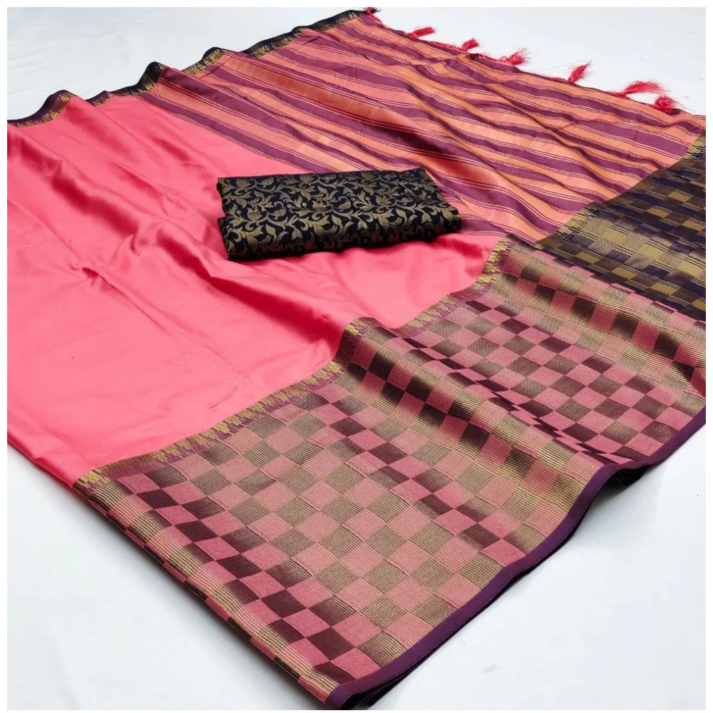 Women's Cotton Silk Checkered Saree With Unstitched Blouse 5.5Mtr (Pink)