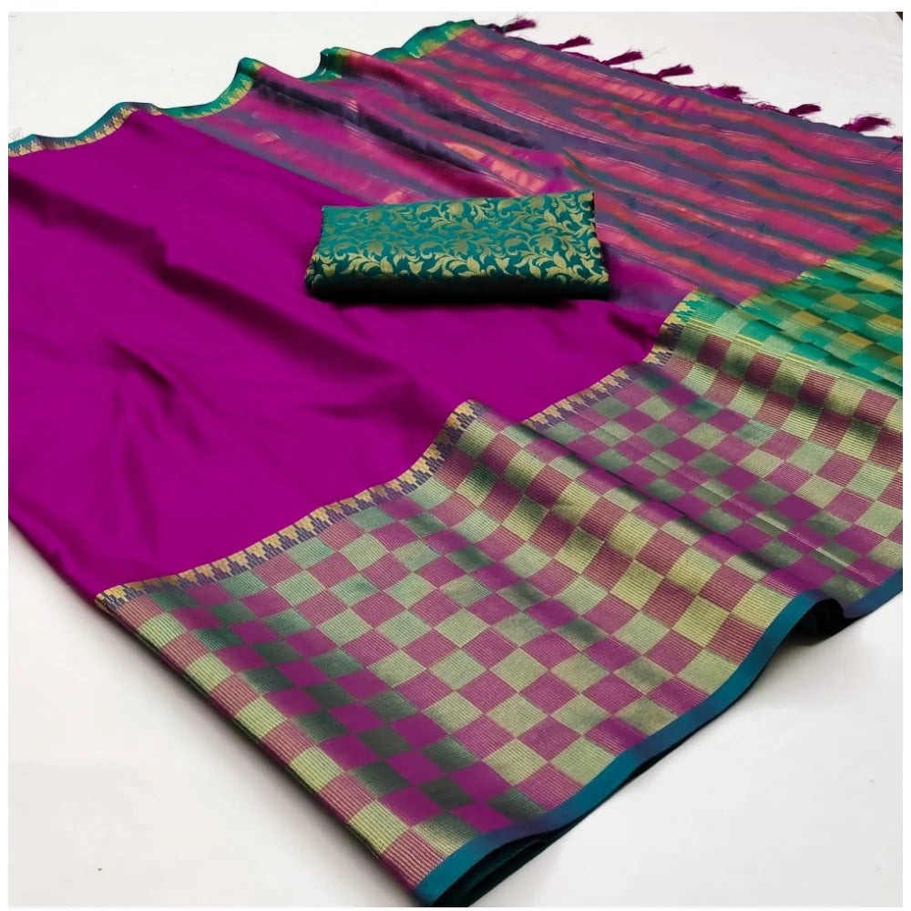 Women's Cotton Silk Checkered Saree With Unstitched Blouse 5.5Mtr (Purple)