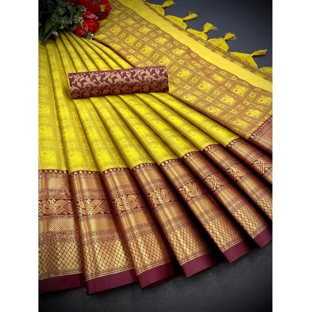 Women's Cotton Silk Printed Saree With Unstitched Blouse 5.5Mtr (Yellow)