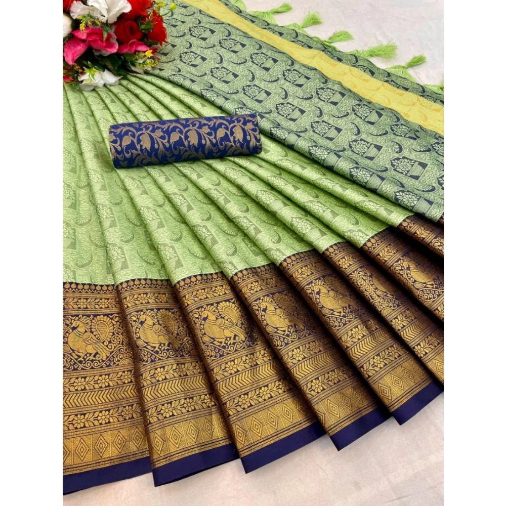 Women's Cotton Silk Printed Saree With Unstitched Blouse 5.5Mtr (Pista)