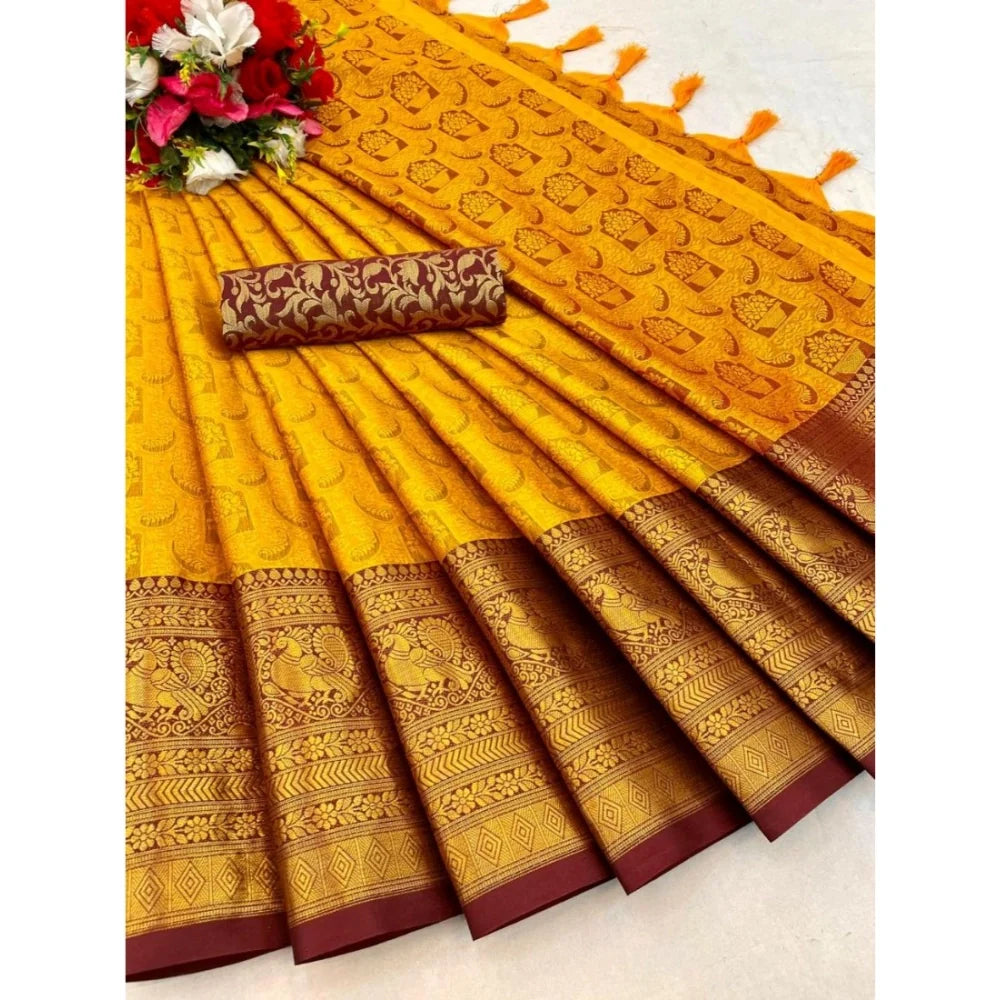 Women's Cotton Silk Printed Saree With Unstitched Blouse 5.5Mtr (Mustard)