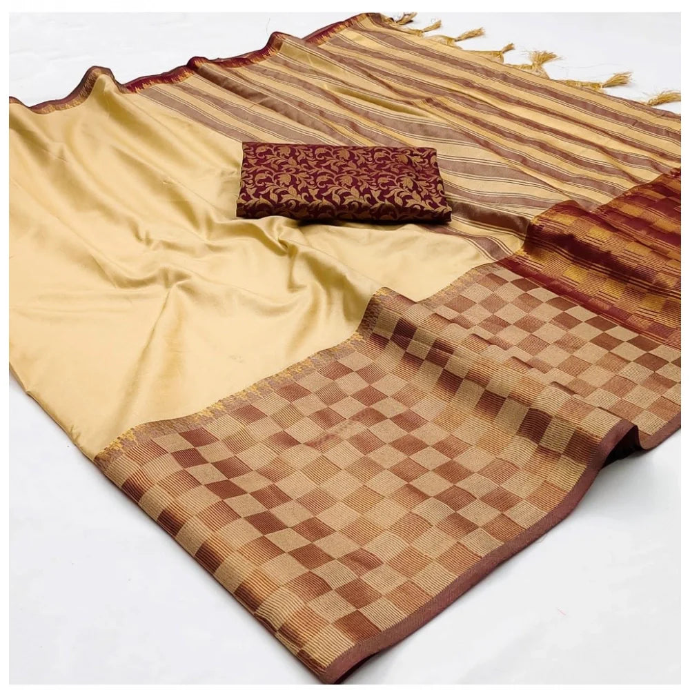 Women's Cotton Silk Checkered Saree With Unstitched Blouse 5.5Mtr (Gold)