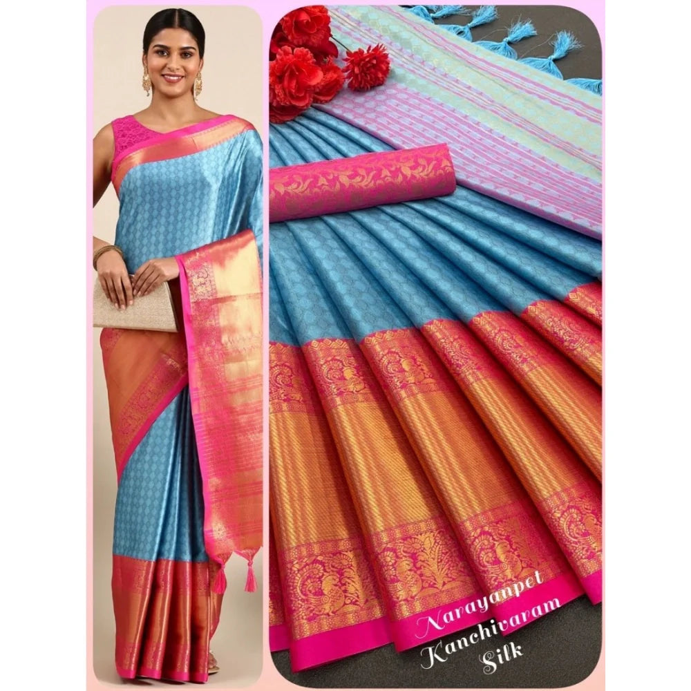 Women's Cotton Silk Woven Design Saree With Unstitched Blouse 5.5Mtr (Light Blue)