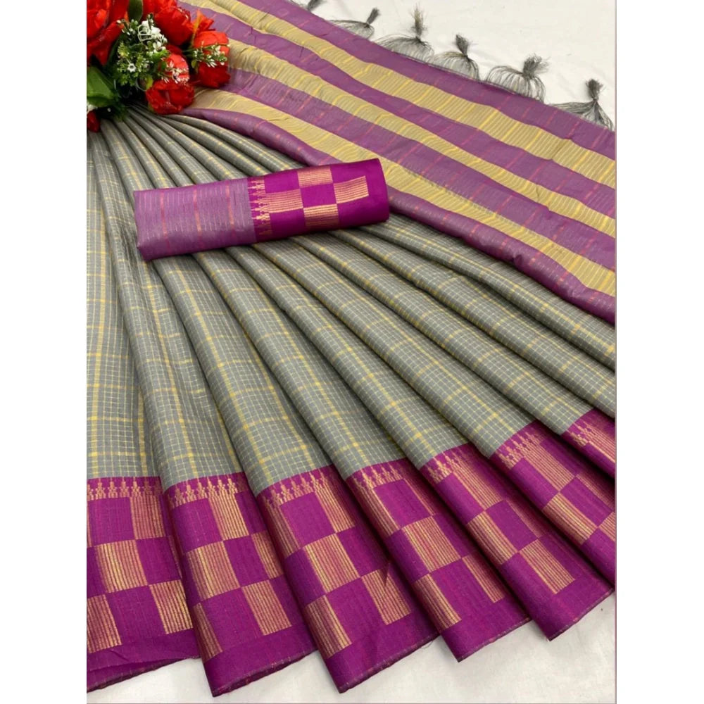 Women's Cotton Silk Printed Saree With Unstitched Blouse 5.5Mtr (Grey)
