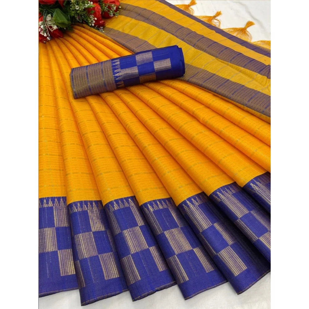 Women's Cotton Silk Printed Saree With Unstitched Blouse 5.5Mtr (Gold-Blue)