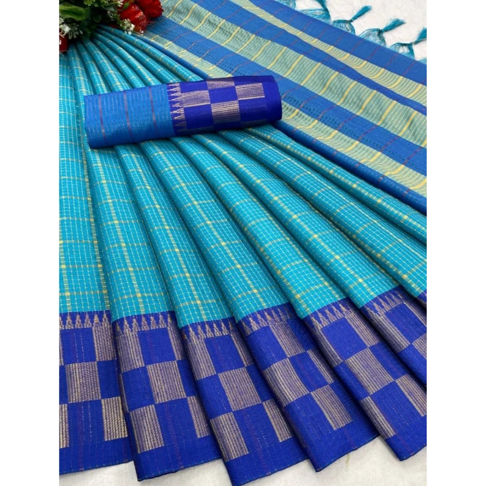 Women's Cotton Silk Printed Saree With Unstitched Blouse 5.5Mtr (Sky Blue)