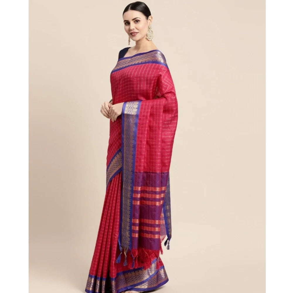Women's Cotton Silk Checkered Saree With Unstitched Blouse 5.5Mtr (Red)
