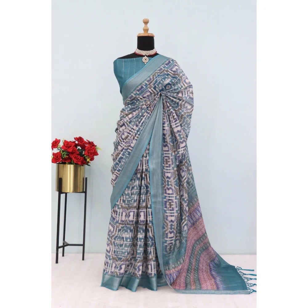 Women's Linen Digital Print Saree With Unstitched Blouse 5.5Mtr (Green)