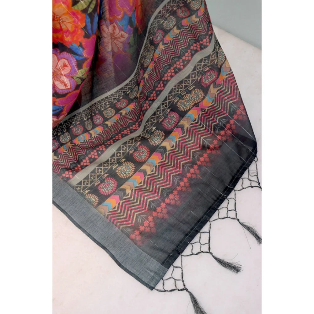 Women's Linen Digital Print Saree With Unstitched Blouse 5.5Mtr (Grey)
