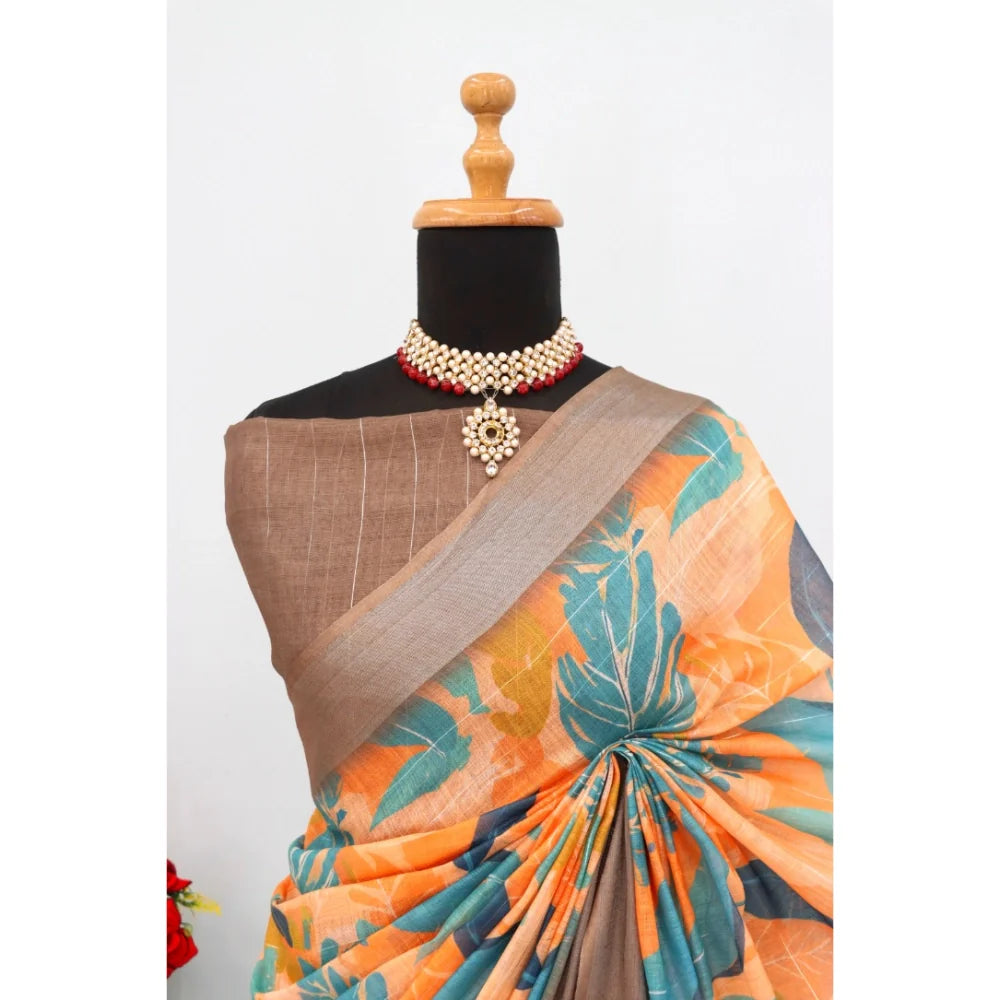 Women's Linen Digital Print Saree With Unstitched Blouse 5.5Mtr (Green)