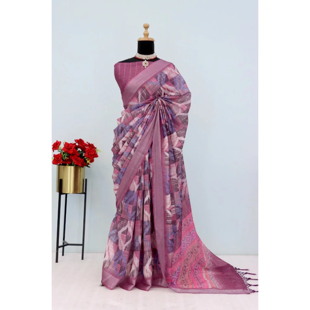 Women's Linen Digital Print Saree With Unstitched Blouse 5.5Mtr (Pink)