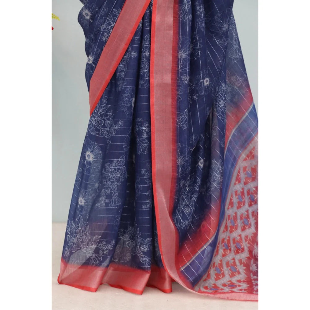Women's Linen Digital Print Saree With Unstitched Blouse 5.5Mtr (Blue)