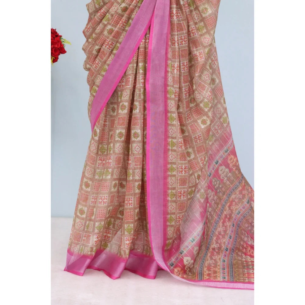 Women's Linen Digital Print Saree With Unstitched Blouse 5.5Mtr (Pink)