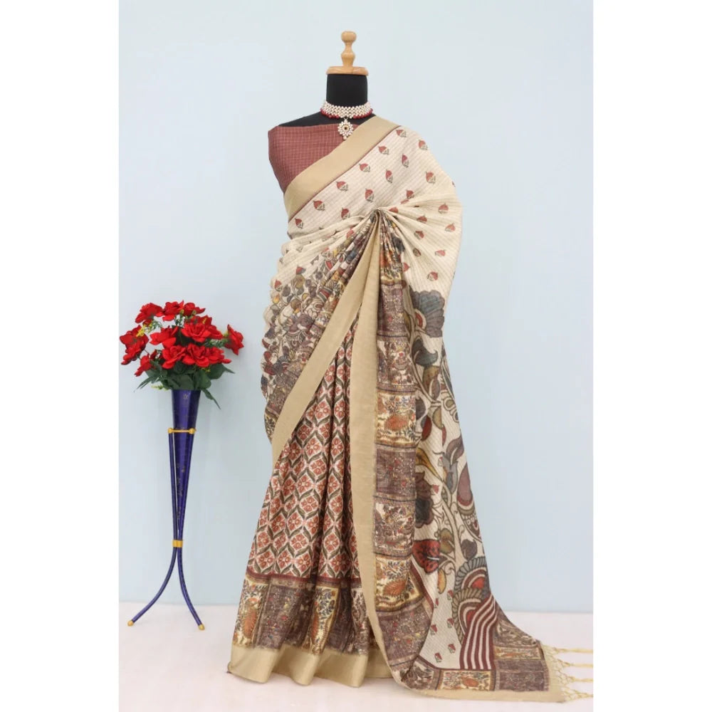 Women's Mysore Silk  Digital Print Saree With Unstitched Blouse 5.5Mtr (Beige)