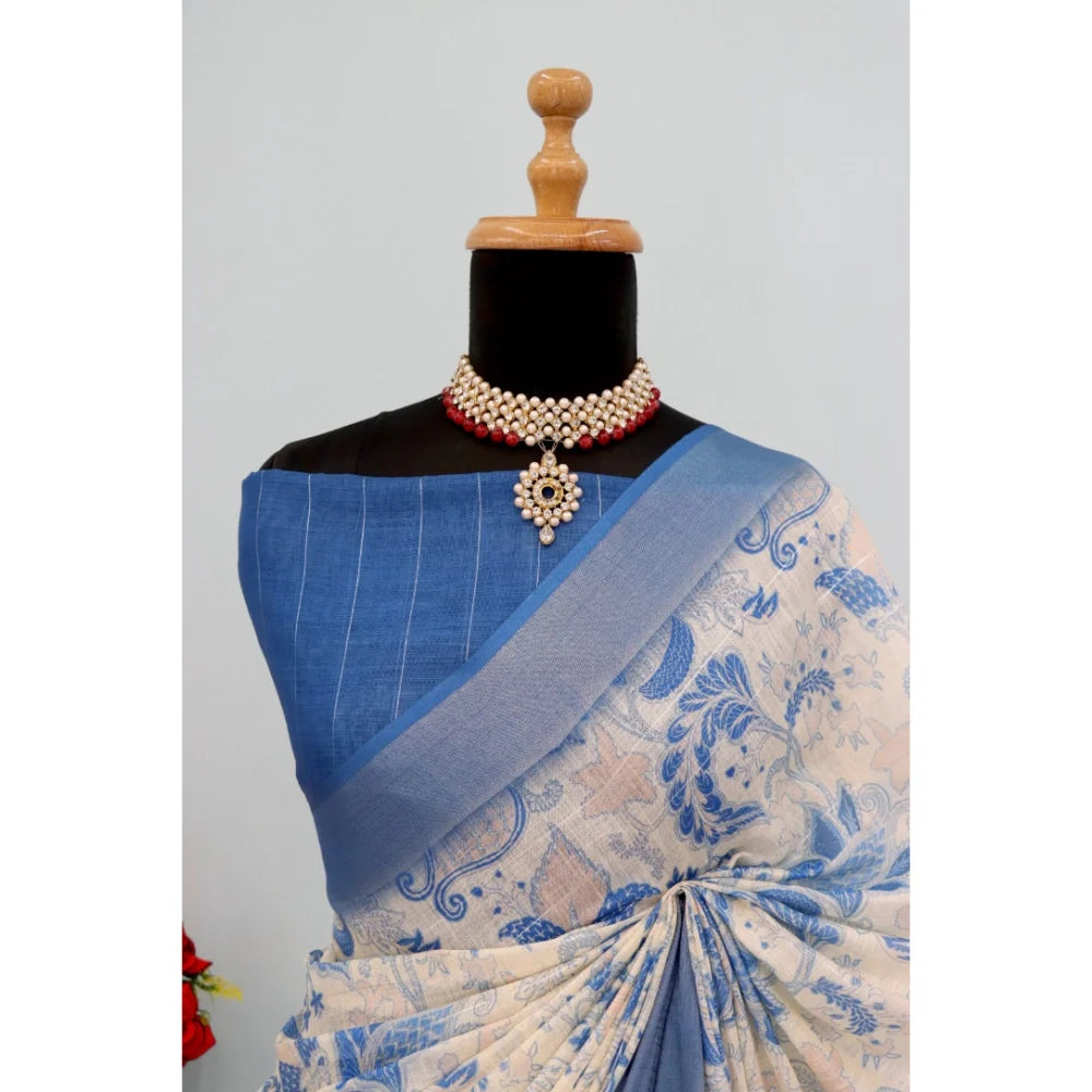Women's Linen Digital Print Saree With Unstitched Blouse 5.5Mtr (Blue)