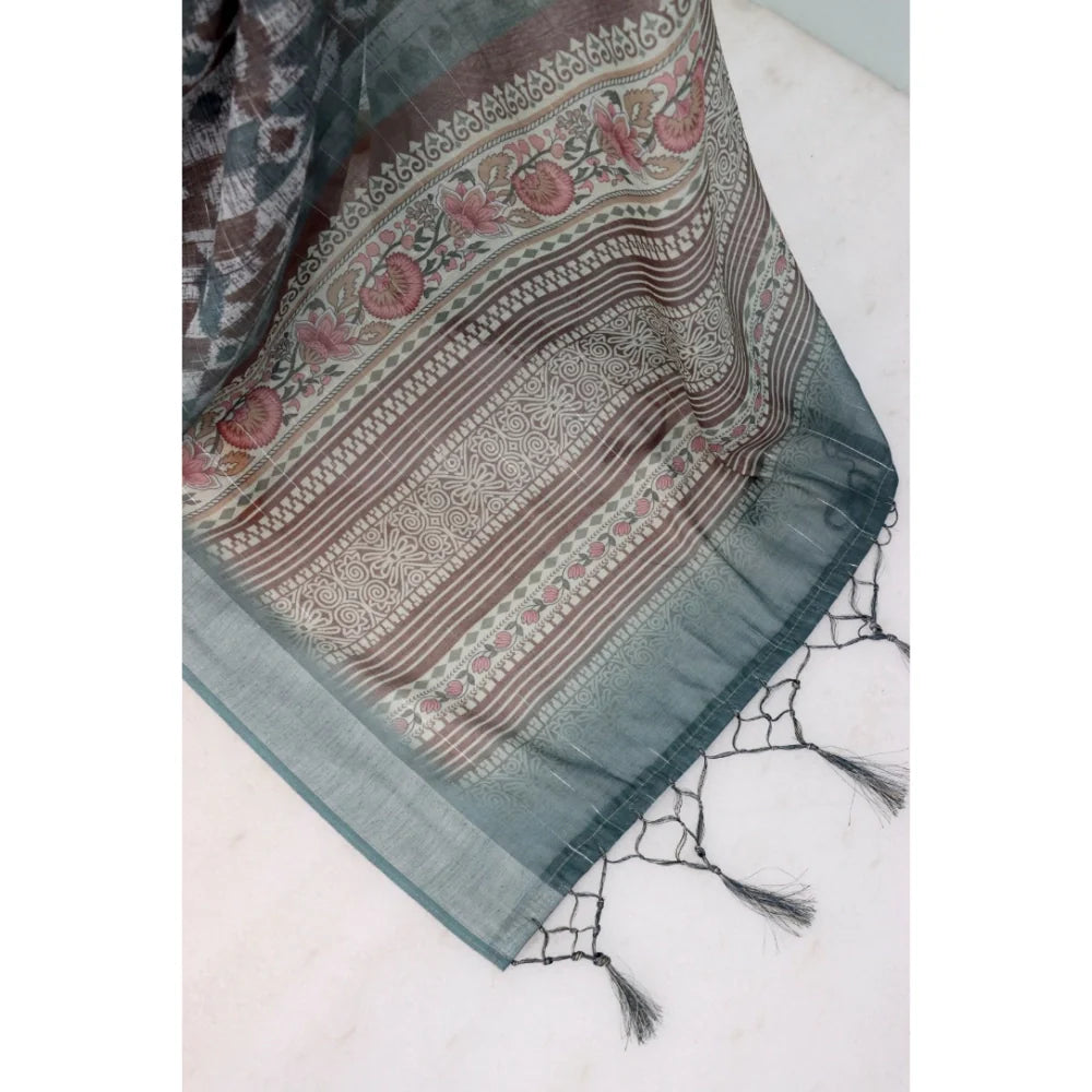 Women's Linen Digital Print Saree With Unstitched Blouse 5.5Mtr (Grey)