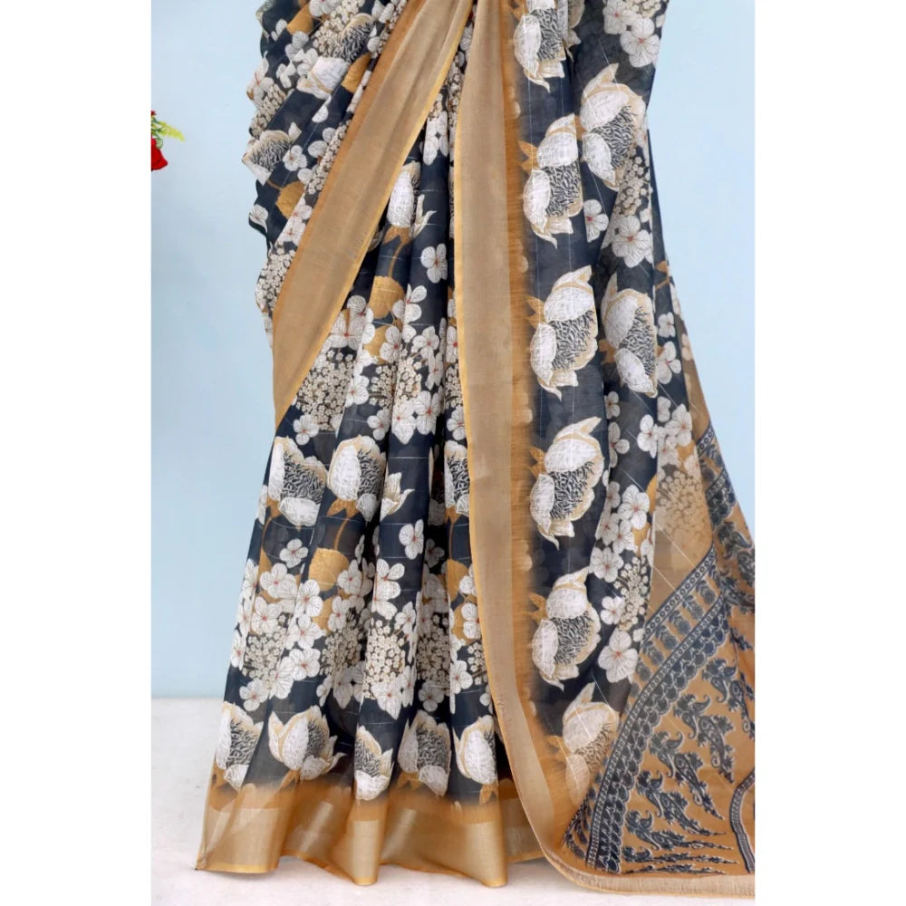 Women's Linen Digital Print Saree With Unstitched Blouse 5.5Mtr (Black)