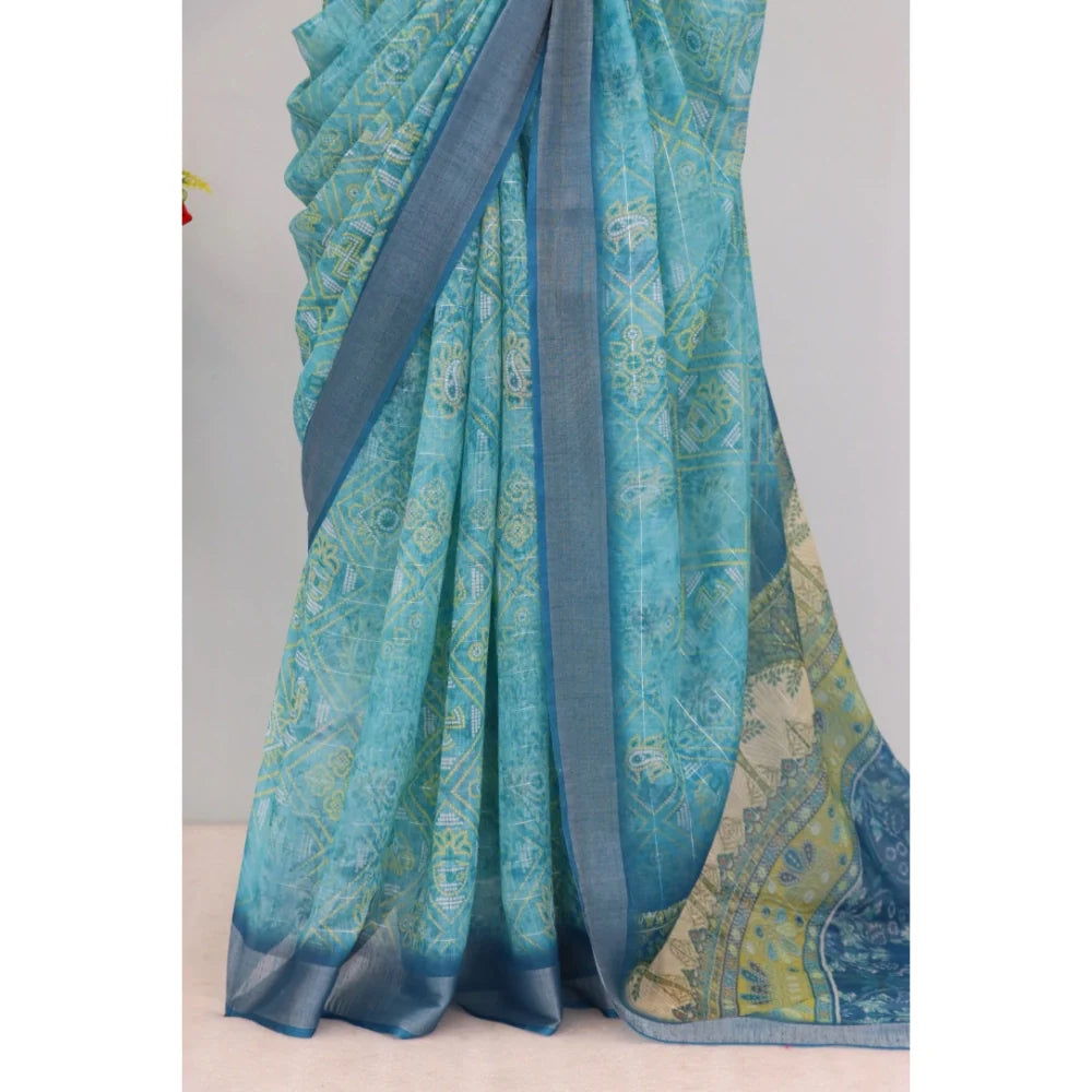 Women's Linen Digital Print Saree With Unstitched Blouse 5.5Mtr (Sky Blue)