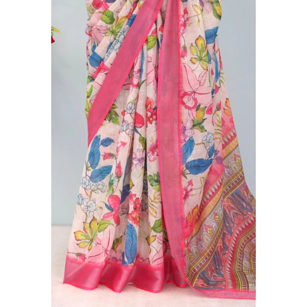 Women's Linen Digital Print Saree With Unstitched Blouse 5.5Mtr (pink)