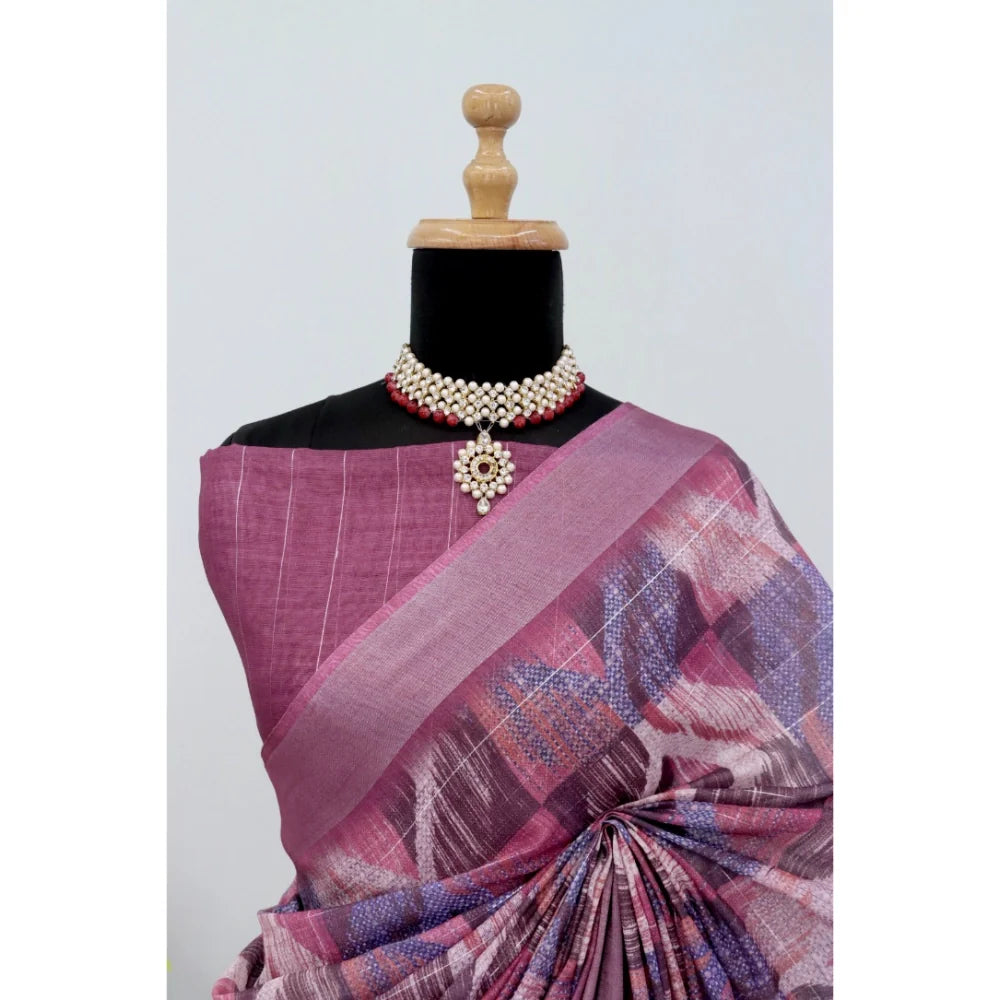 Women's Linen Digital Print Saree With Unstitched Blouse 5.5Mtr (Pink)