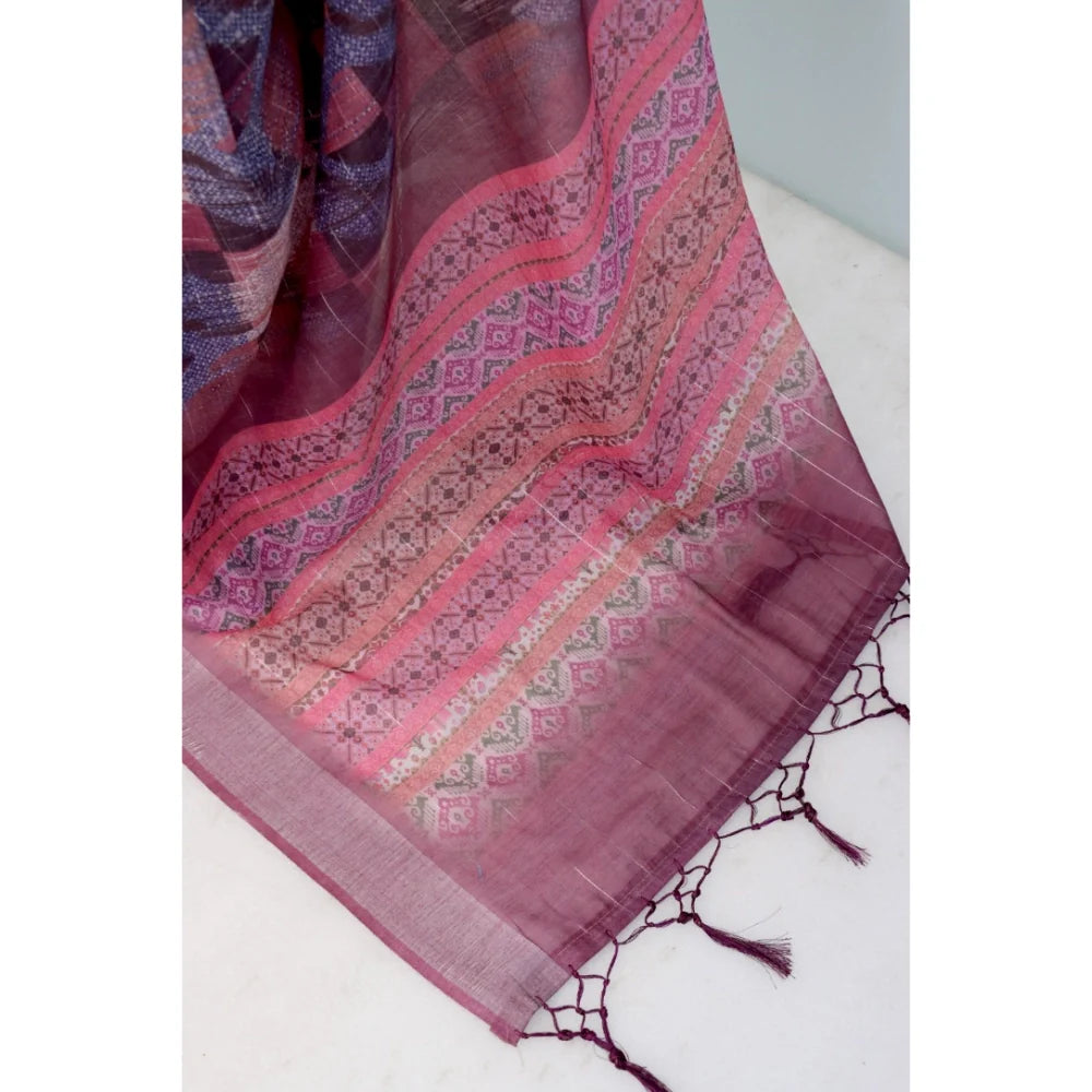 Women's Linen Digital Print Saree With Unstitched Blouse 5.5Mtr (Pink)