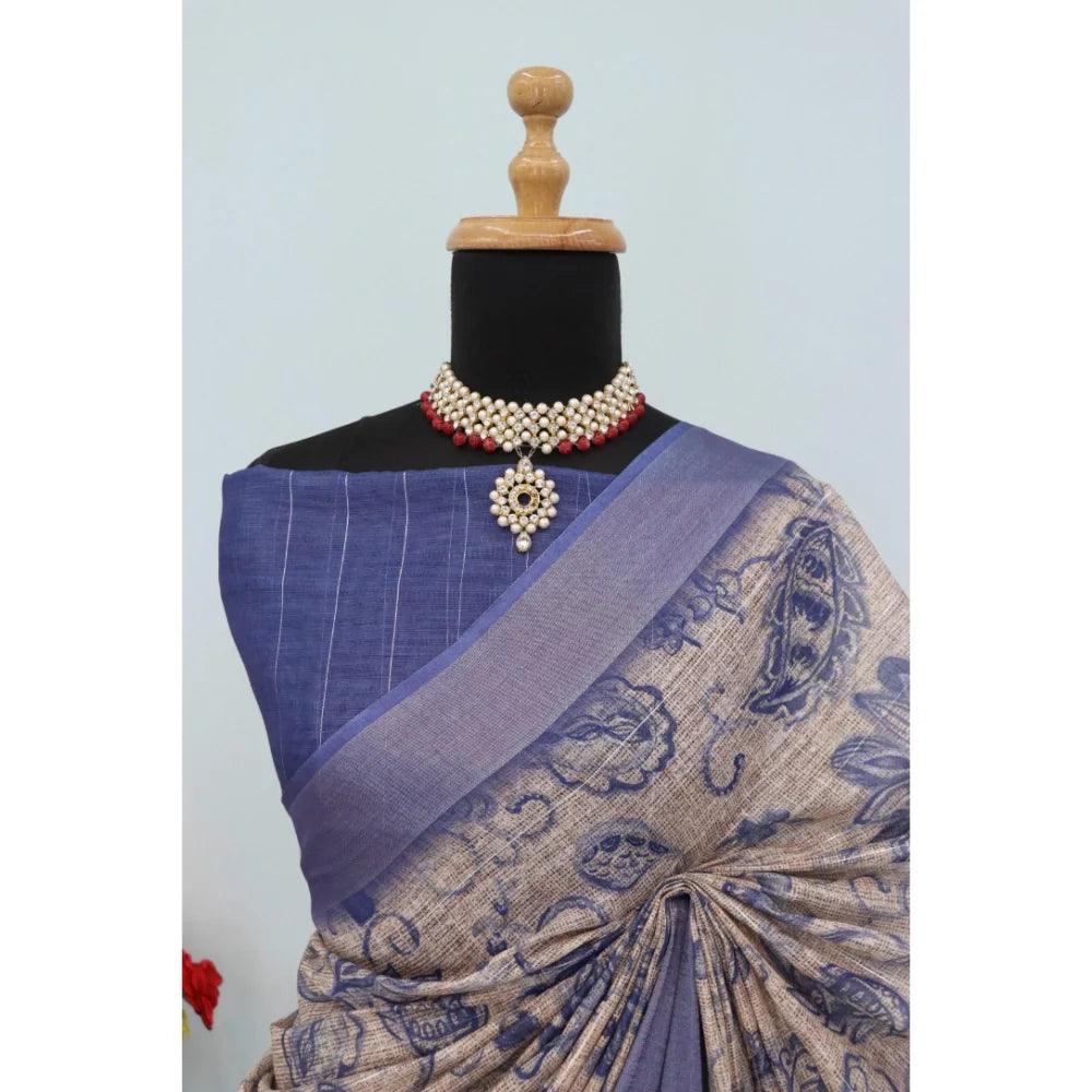 Women's Linen Digital Print Saree With Unstitched Blouse 5.5Mtr (Blue)