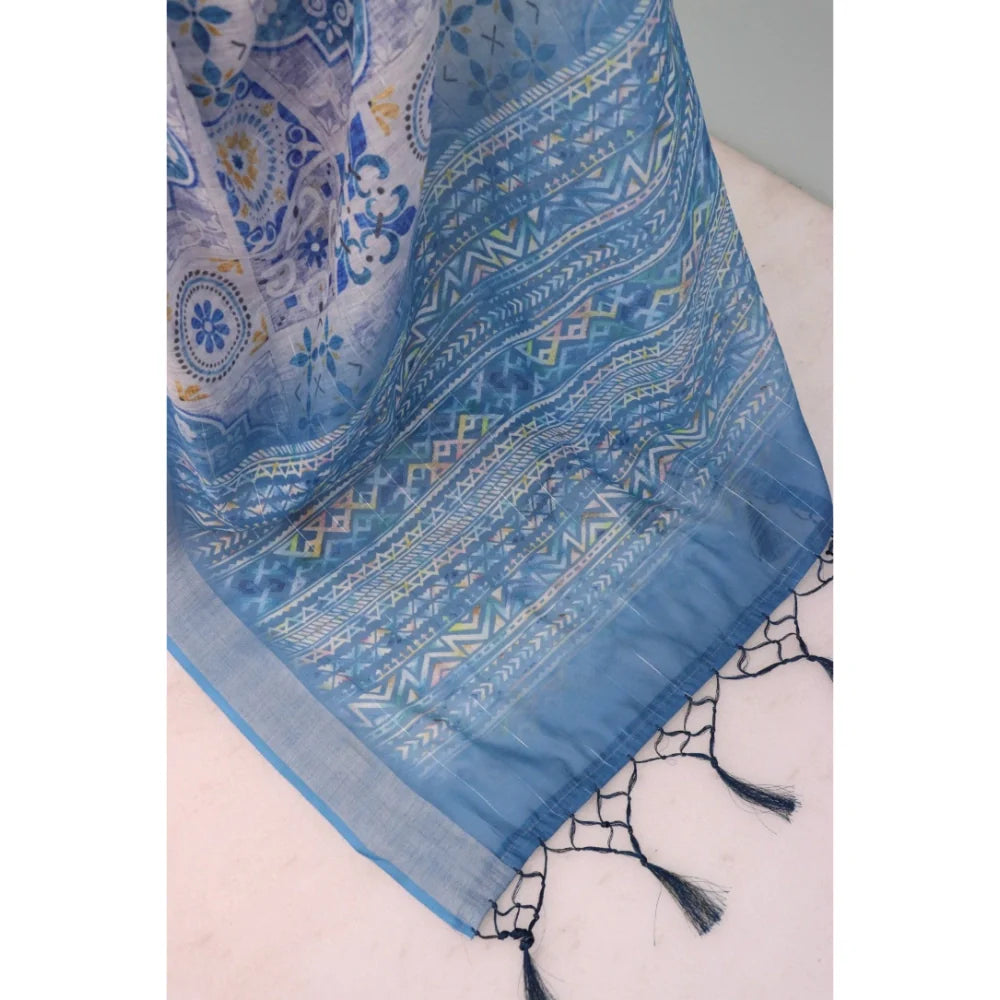 Women's Linen Digital Print Saree With Unstitched Blouse 5.5Mtr (Blue)