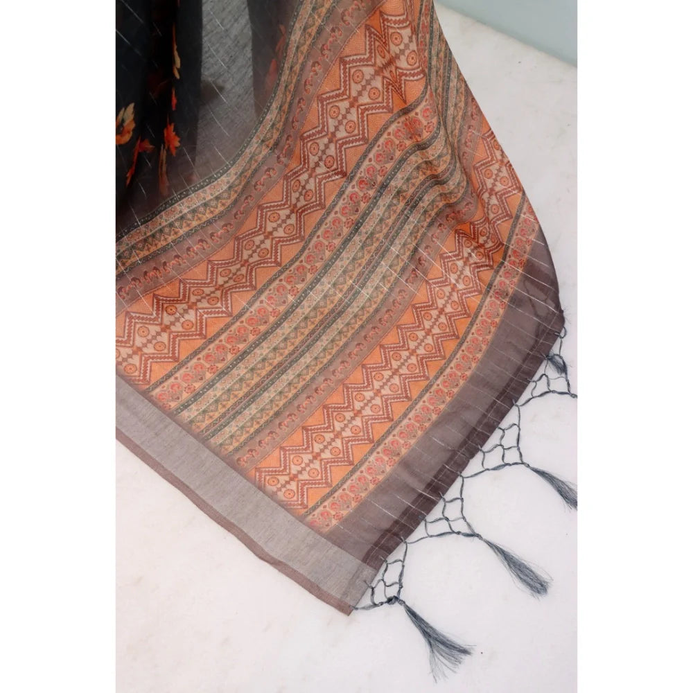 Women's Linen Digital Print Saree With Unstitched Blouse 5.5Mtr (Black)