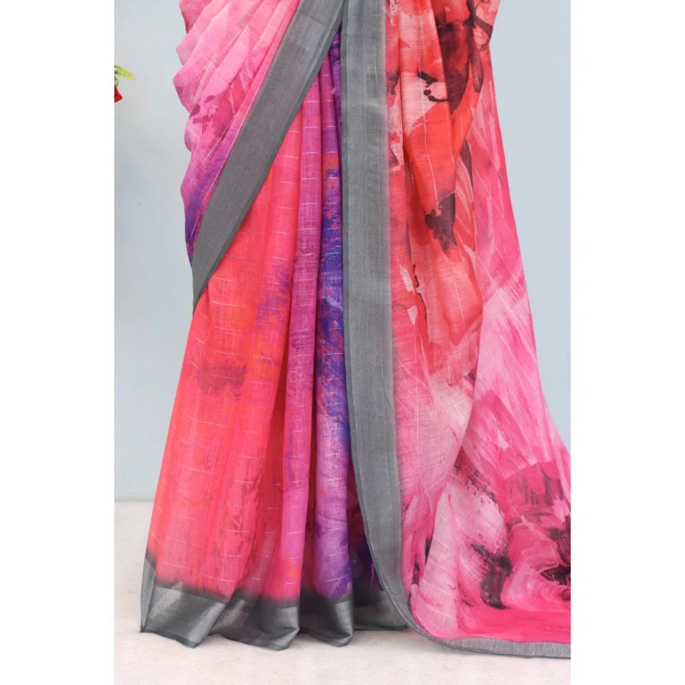 Women's Linen Digital Print Saree With Unstitched Blouse 5.5Mtr (Pink)