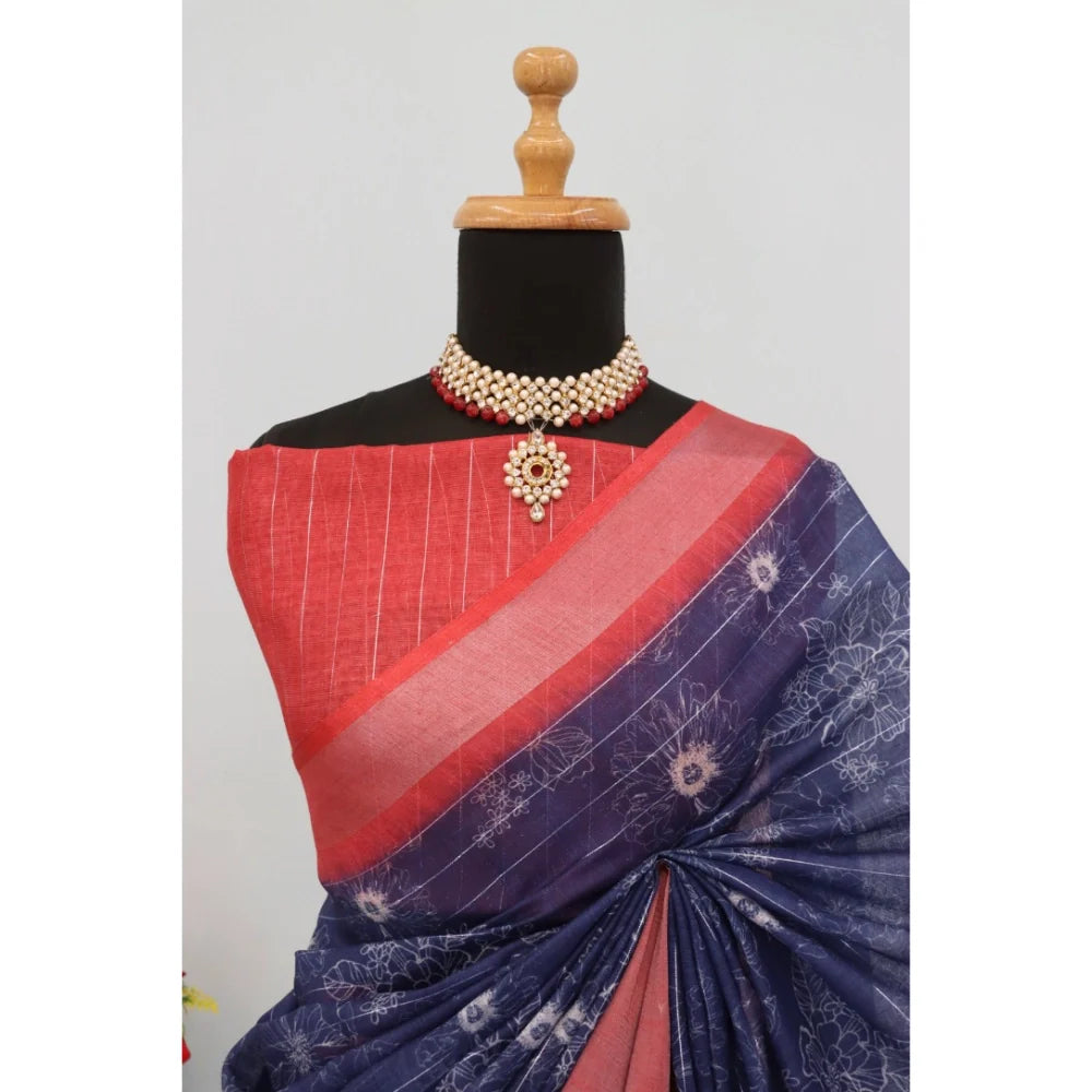Women's Linen Digital Print Saree With Unstitched Blouse 5.5Mtr (Blue)