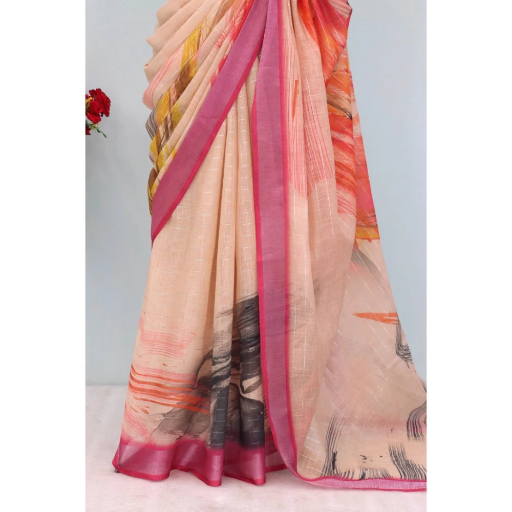 Women's Linen Digital Print Saree With Unstitched Blouse 5.5Mtr (Multicolor)