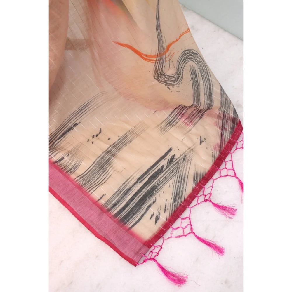 Women's Linen Digital Print Saree With Unstitched Blouse 5.5Mtr (Multicolor)