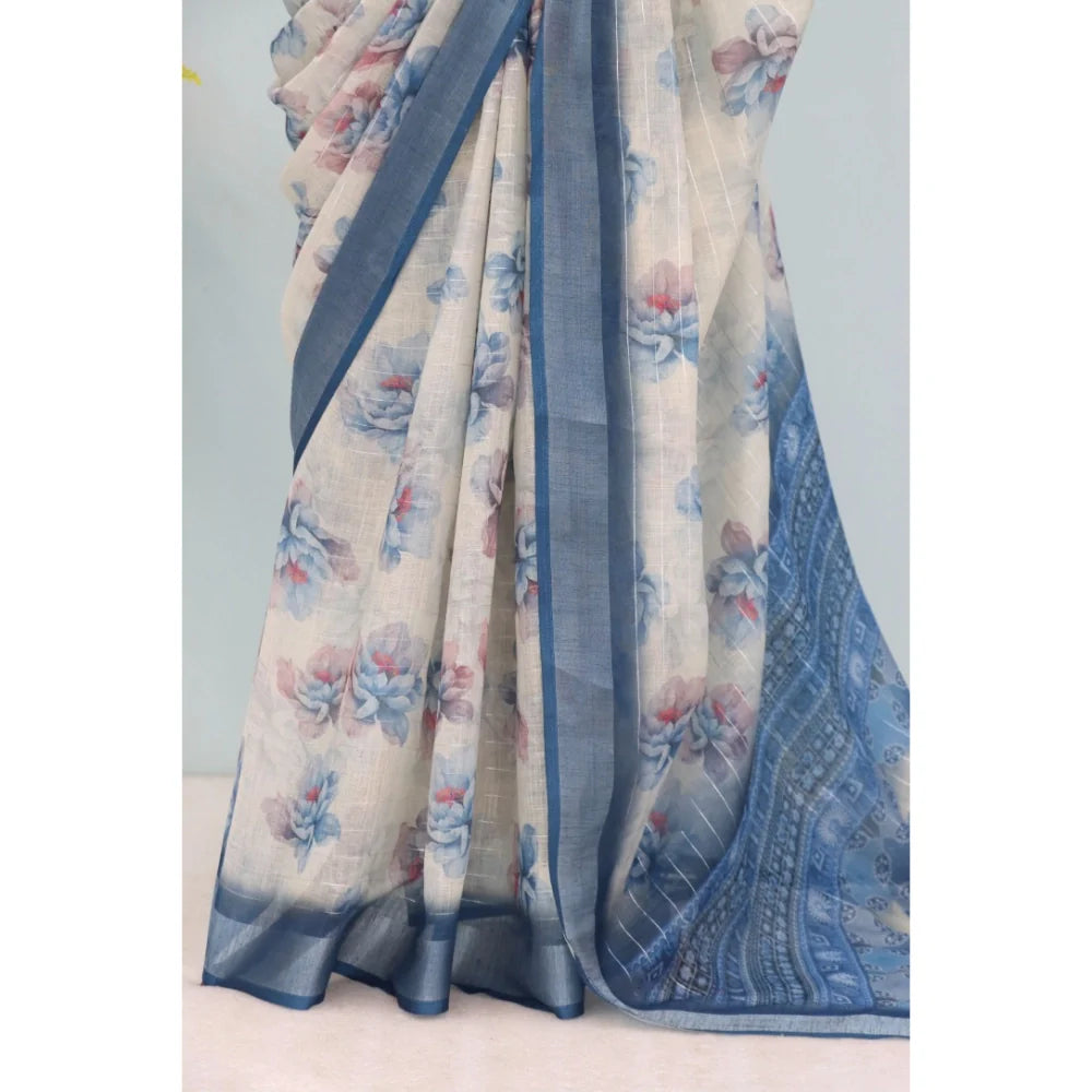 Women's Linen Digital Print Saree With Unstitched Blouse 5.5Mtr (Blue)
