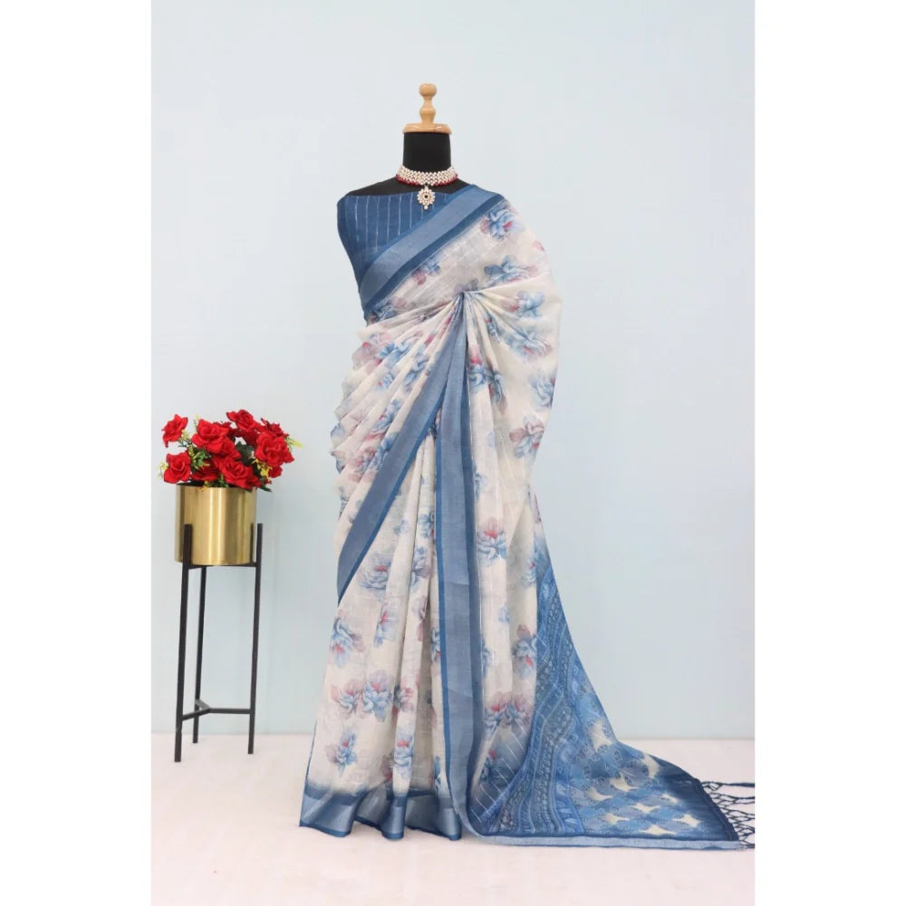 Women's Linen Digital Print Saree With Unstitched Blouse 5.5Mtr (Blue)