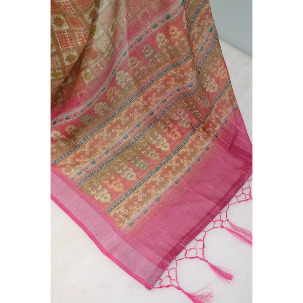 Women's Linen Digital Print Saree With Unstitched Blouse 5.5Mtr (Pink)