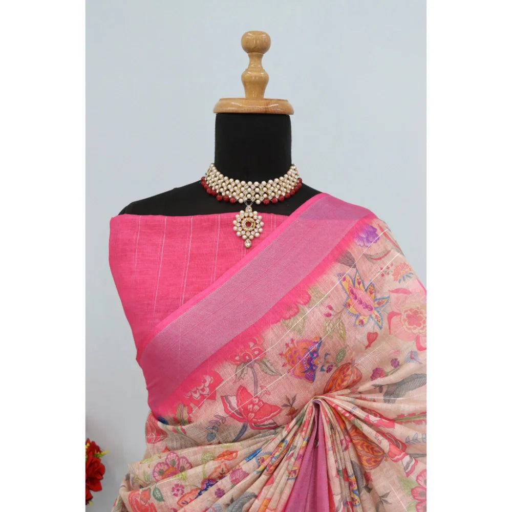 Women's Linen Digital Print Saree With Unstitched Blouse 5.5Mtr (Pink)