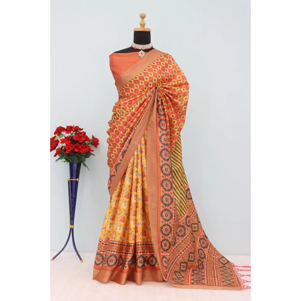 Women's Mysore Silk  Digital Print Saree With Unstitched Blouse 5.5Mtr (Orange)