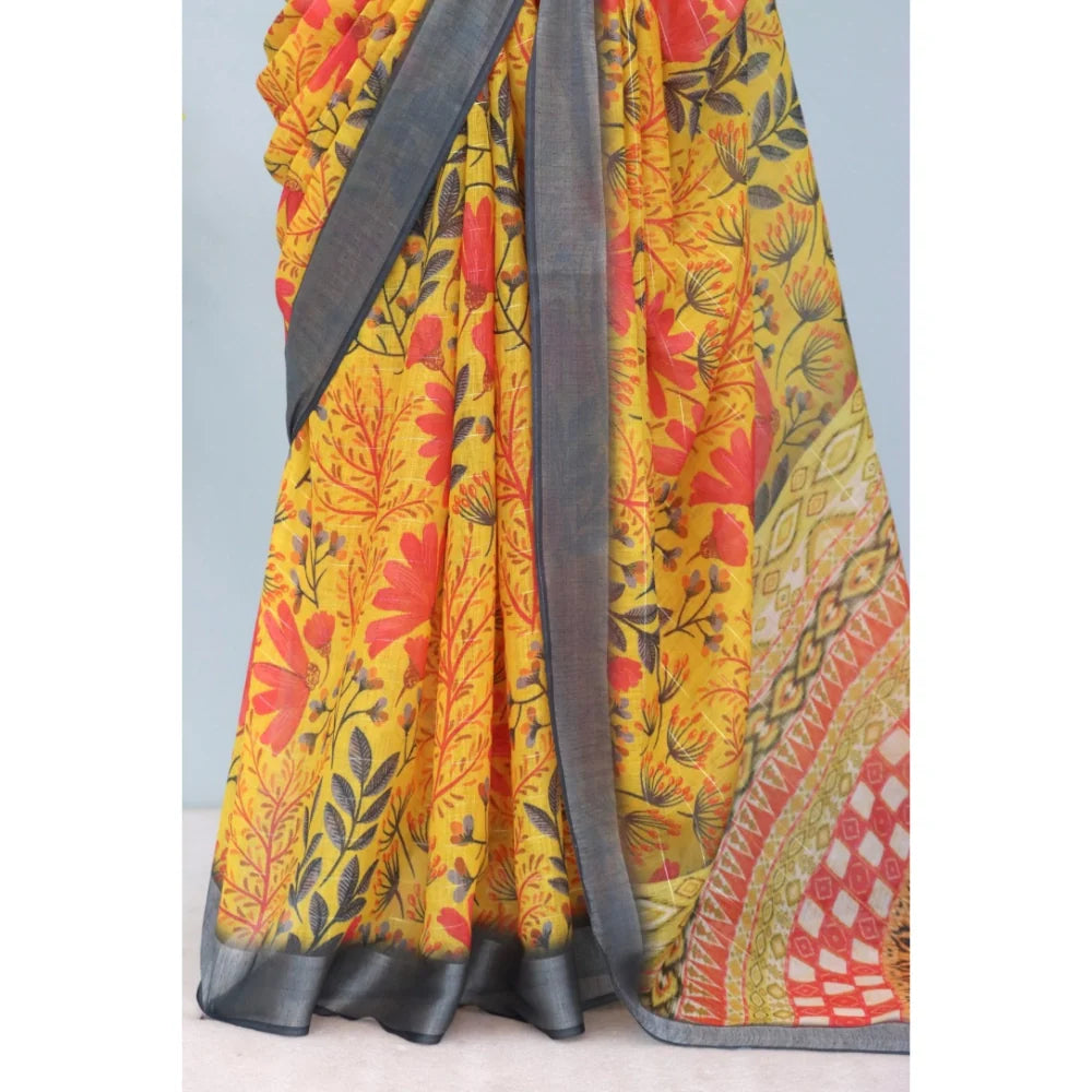 Women's Linen Digital Print Saree With Unstitched Blouse 5.5Mtr (Multicolor)