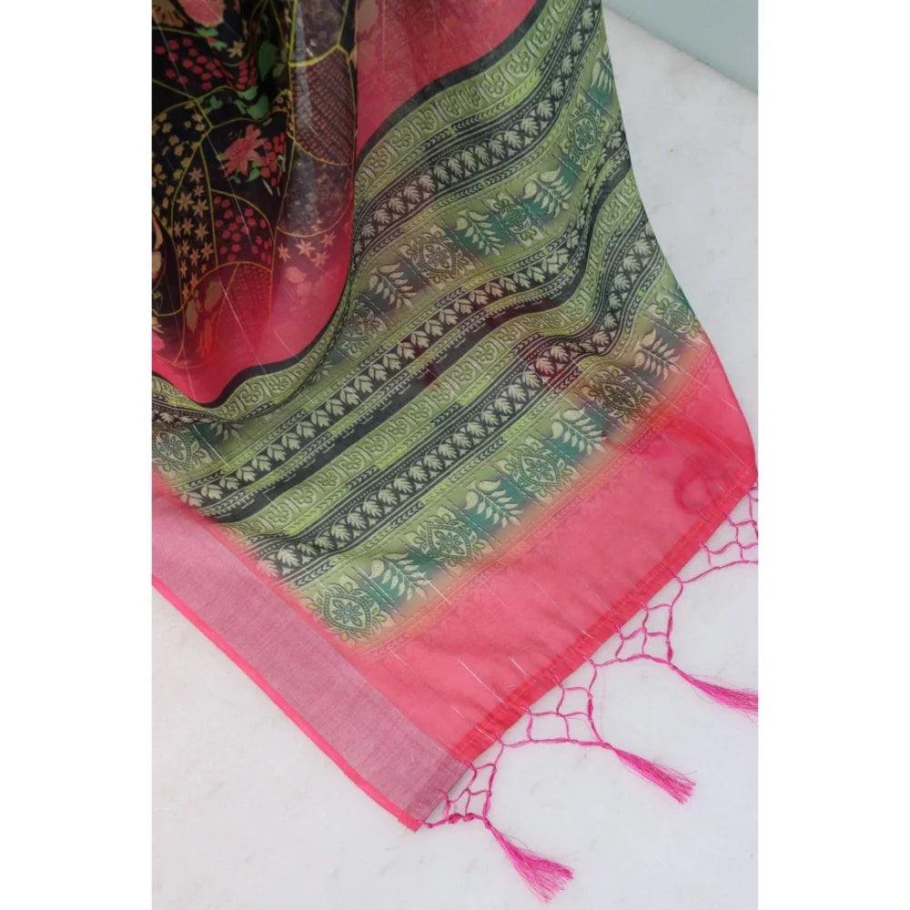 Women's Linen Digital Print Saree With Unstitched Blouse 5.5Mtr (Multicolor)