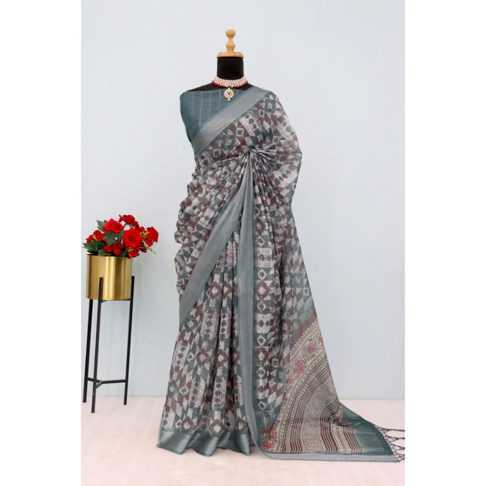 Women's Linen Digital Print Saree With Unstitched Blouse 5.5Mtr (Grey)