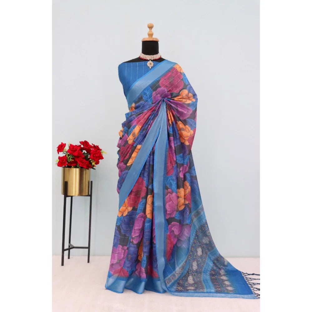 Women's Linen Digital Print Saree With Unstitched Blouse 5.5Mtr (Blue)