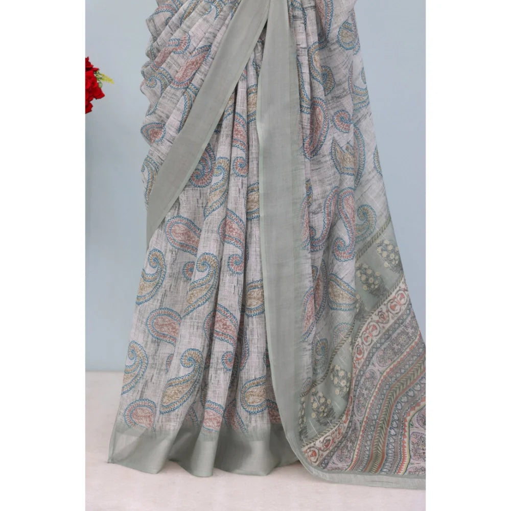 Women's Linen Digital Print Saree With Unstitched Blouse 5.5Mtr (Grey)